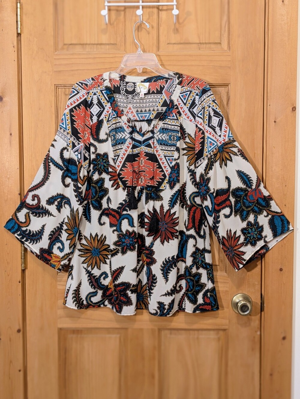 Fig And Flower Blouse Top Floral Aztec Tassel Bell Sleeves Medium Boho Peasant